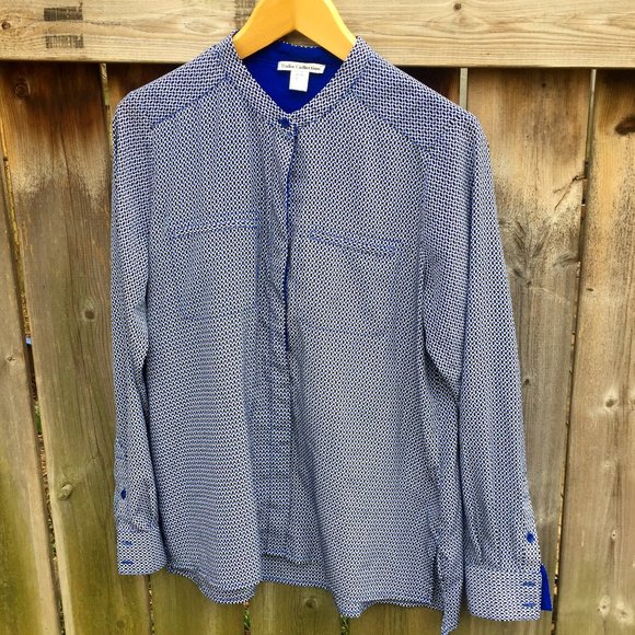 Dalia Collection blue & black geometric band collar blouse - size M - Picture 1 of 8